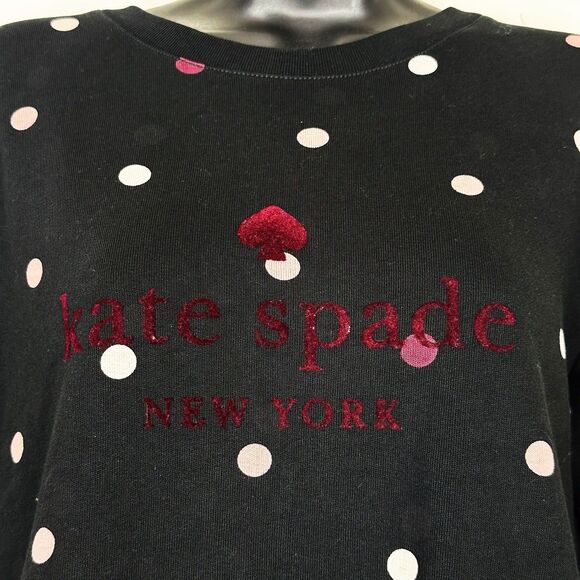 Kate Spade Bakery Cotton Sweatshirt Sz S Black Pink Polka Dot Crew Neck Pullover - Picture 10 of 11